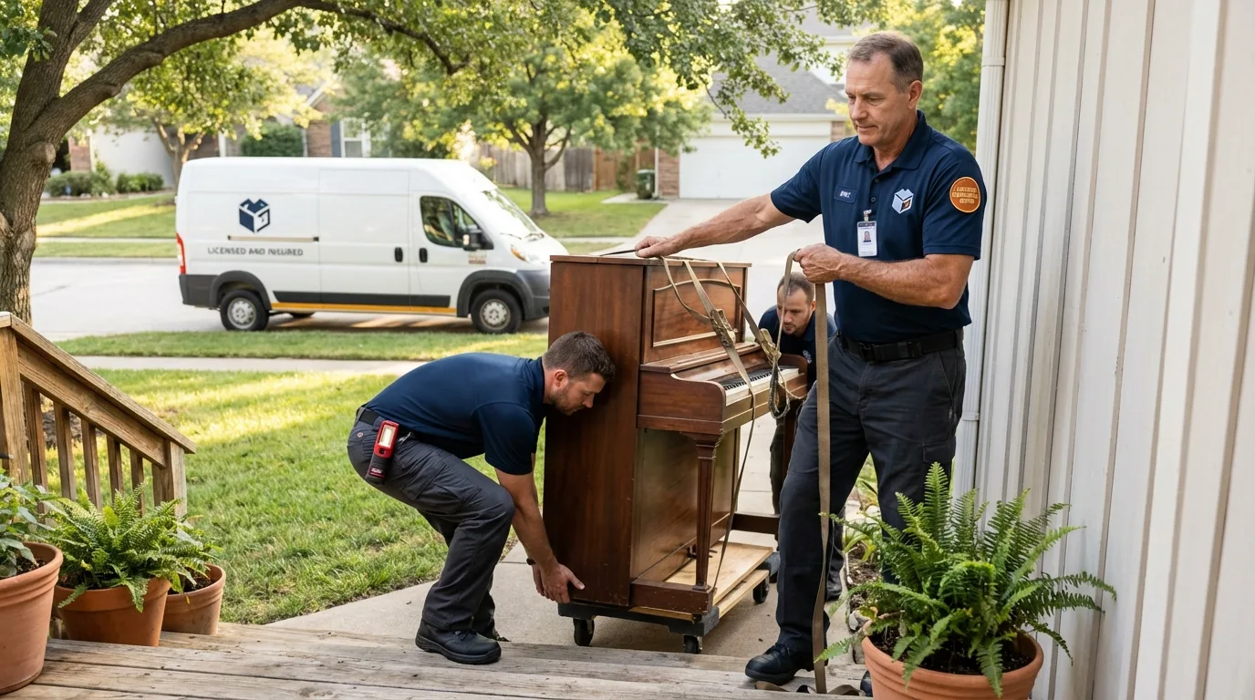 Licensed piano movers securing grand piano in Euclid, OH